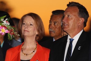 Australian Prime Minister Julia Gillard with her partner Tim Mathieson at the powhiri welcome for the Pacific Islands Forum at the Auckland War Memorial Museum. Photo / Getty Images