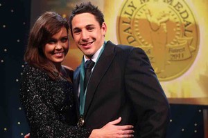 Nicole Slater and Billy Slater celebrate his Dally M medal win. Photo / Getty Images