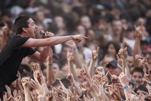 Jon Toogood from Kiwi rock royalty Shihad owned the main stage at Big Day Out. Photo / Richard Robinson