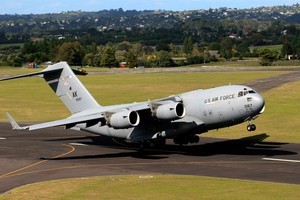 A US Air Force C-17 plane takes off from Whenuapai Air Base. Photo / Martin Sykes