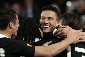 Sonny Bill Williams is congratulated by teammates after scoring last night. Photo / Sarah Ivey