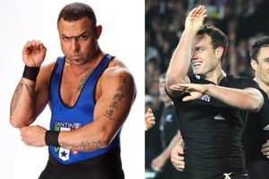 Here's Dagg after scoring (right) and former wrestling star Santino Marella. Photo / Supplied, Greg Bowker