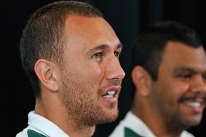 Quade Cooper talks to the media ahead of Sunday's Rugby World Cup quarter-final against South Africa. Photo