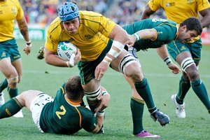 James Horwill scores for Australia in their Rugby World Cup quarter-final clash against South Africa. Photo / Paul Estcourt