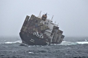 The container ship Rena. Last night it was listing at 18deg. Photo / Maritime New Zealand