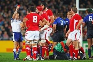 Wales captain Sam Warburton receives a red card from Referee Alain Rolland. Photo / Getty Images