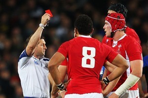 The moment the game changed: Wales' captain Sam Warburton is shown a red card.
Photo / Getty Images