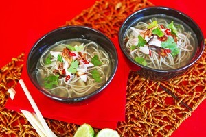 Soba chicken soup with fried shallots. Photo / Babiche Martens