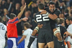 Sonny Bill Williams and Jerome Kaino celebrate their Rugby World Cup win. Photo / Getty Images
