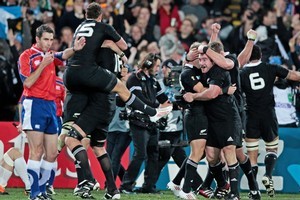 Jubilation as referee Craig Joubert blows the final whistle on an All Black World Cup win. Photo / Brett Phibbs