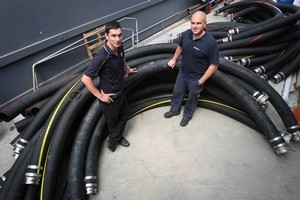 Marty Bourke and John Kelly of Hose Supplies have been
busy supplying Rena salvors with equipment. Photo / Joel Ford, Bay of Plenty Times