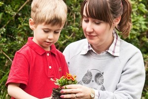Danielle Wright helps her son Henry, 5, in the garden. Photo / Michelle Hyslop