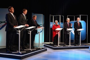 Mana Party Leader Hone Harawira, Green Party co-leader Russel Norman, NZ First Leader Winston Peters, Maori Party co-leader Tariana Turia, United Future Leader Peter Dunne and ACT Party Leader Don Brash debate. Photo / Supplied