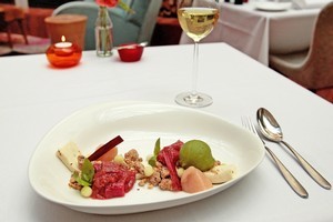 The Kitchen's Clevedon buffalo ricotta cheesecake, with hazelnut shortbread, poached rhubarb, apple and basil sorbet. Photo / Brett Phibbs