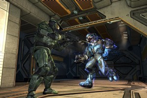 The Master Chief pops off a shot at a Covenant Elite in Halo: Combat Evolved Anniversary. Photo / Supplied