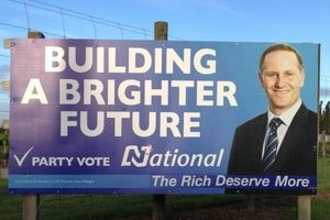 New slogans which say: 'The Rich Deserve More' and 'Drill it! Mine It! Sell it!' have been stuck over the signs. Photo / APNZ