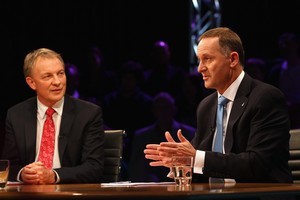 Phil Goff and John Key during tonight's debate. Photo / Getty Images