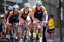 Andrea Hewitt of New Zealand leads the field during the Auckland ITU Triathlon. Photo / Dean Purcell 