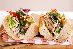 Roast chicken, apple slaw and aioli baguette. Photo / Babiche Martens