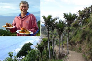 Jac Spyksma (inset) with some of the meals created by Catered Coast Walks: delicious sustenance for those attempting coastal tracks like the Mangawhai Cliffs walkway, pictured. Photos / Jim Eagles