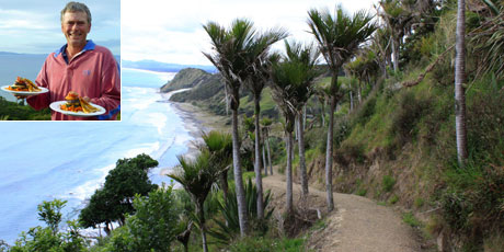 Jac Spyksma (inset) with some of the meals created by Catered Coast Walks: delicious sustenance for those attempting coastal tracks like the Mangawhai Cliffs walkway, pictured. Photos / Jim Eagles