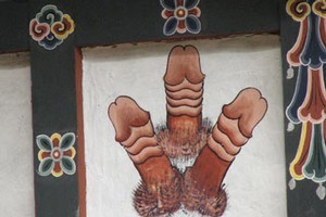 The paintings of giant phalluses which often adorn the walls of homes in Bhutan can be startling for first-time visitors. Photo / Jill Worrall