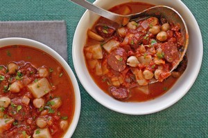 Spanish sausage and chickpea soup. Photo / Carolyn Robertson