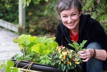 Meg Liptrot with her self-watering planter. Photo / Doug Sherring