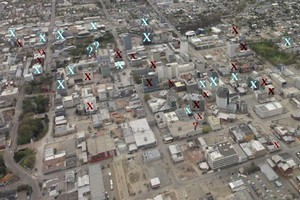 Soon to be demolished in Chrischurch's CBD red zone cordon: X means definitely to be demolished, ? means decision pending, white is post-1982 and black is unknown age. Photo / Supplied
