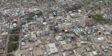 Soon to be demolished in Chrischurch's CBD red zone cordon: X means definitely to be demolished, ? means decision pending, white is post-1982 and black is unknown age. Photo / Supplied Soon to be demolished in Chrischurch's CBD red zone cordon: X means definitely to be demolished, ? means decision pending, white is post-1982 and black is unknown age. Photo / Supplied