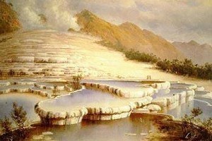 A painting by Charles Blomfield of the White Terraces, which were destroyed in the 1886 eruption of Mt Tarawera. Remnants of the Pink Terraces, which were situated near the white ones, have been discovered on the bed of Lake Rotomahana.
