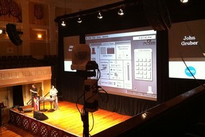 John Gruber presents a potted history of the Mac GUI at Webstock. Photo / Mark Webster