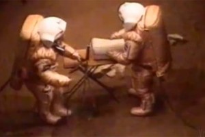 Two crew members suit up for the Mars 'landing'.