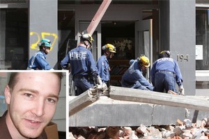 Rescuers search the rubble for survivors and, inset Jaime Gilbert, who died in the quake. Photos / Pool/Supplied