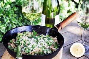 Pea risotto with mint, feta and broad beans. Photo / Janna Dixon
