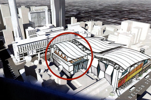 The circled building in SkyCity's plans for a convention centre is on TVNZ land. Photo / Supplied