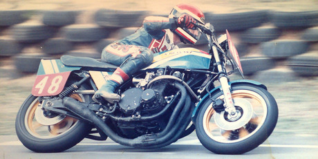 Eric Thompson manhandling a 'terrifying' Kawasaki ZR1 around Bathurst in the early 1980s. Photo / Supplied