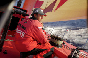 Andy Mclean trimming onboard Camper. Photo / Hamish Hooper.