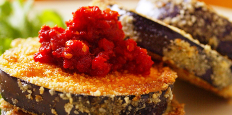 Baked almond eggplant with sundried tomato dressing. Photo / NZ Herald Baked almond eggplant with sundried tomato dressing. Photo / NZ Herald