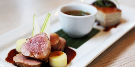 Duo pork belly and fillet, miso, chilli and potato at Eight Point Two. Photo / Sarah Ivey