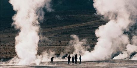 Plumes of steam rise from the ground on the El Tatio geyser field. Photo / Anna Leask