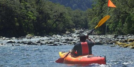 Paddling towards Harrisons Valley, with the Pembroke Glacier looming above. Photo / Joe Dodgshun