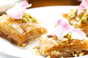 Baklava with pistachios and orange blossom syrup. Photo / Babiche Martens