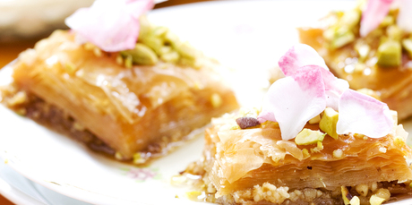 Baklava with pistachios and orange blossom syrup. Photo / Babiche Martens