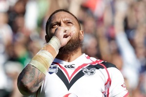 Manu Vatuvei celebrates his try against the Manly Sea Eagles at Eden Park. Photo / Richard Robinson