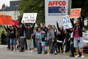 Locked-out meat workers protest outside the Affco meat works at Rangiuru. Photo / Alan Gibson