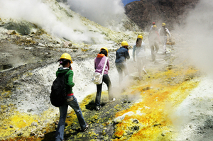 Tourists disappear into the sulphurous mist on a trek around White Island. Photo / Alan Gibson