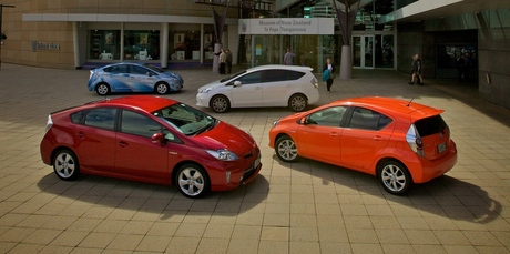 Toyota's Prius range - the company is hoping that the small Prius c is going to attract new buyers to the hybrid market. Photo / Supplied