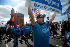 EPMU member Peter Broadhurst and other protesters march in Auckland. Photo / Jason Dorday