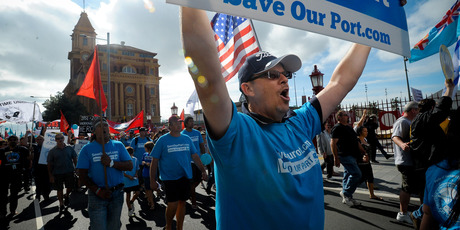Protesters march at the weekend in support of Ports of Auckland workers. Photo / Jason Dorday